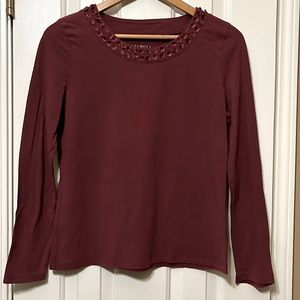 Talbots long sleeved maroon shirt with decorative accents at neck. Size PM